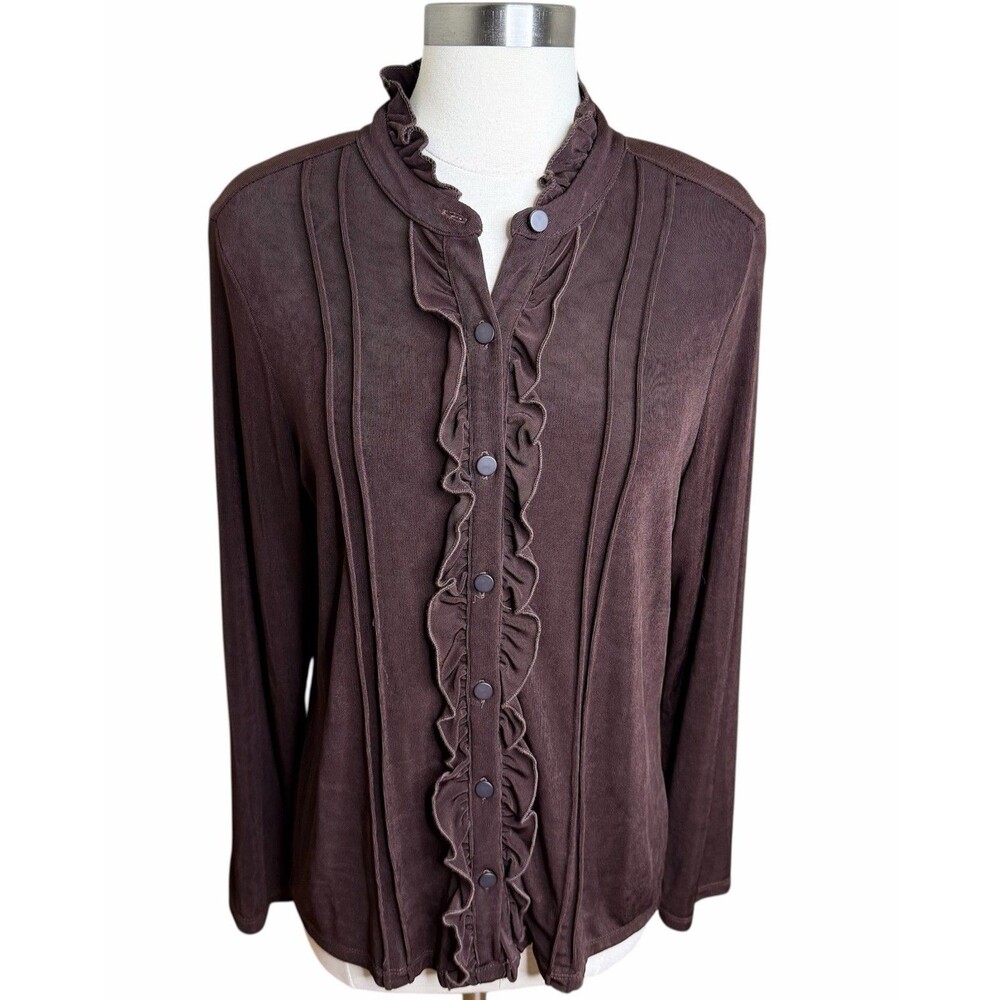 3/$30 Citiknits VTG Brown Ruffle Cardigan Top M Chocolate Slinky Academia